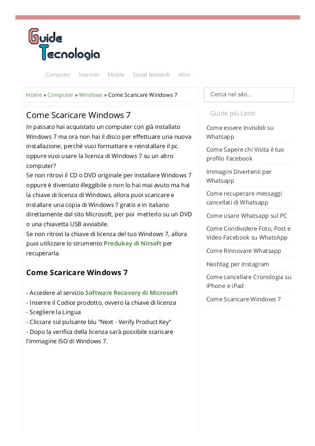 SCARICARE WINDOWS 7 GRATIS E LEGALMENTE